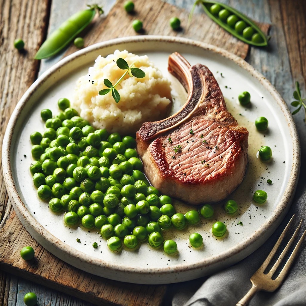 
Braciola di vitello con purè e piselli
