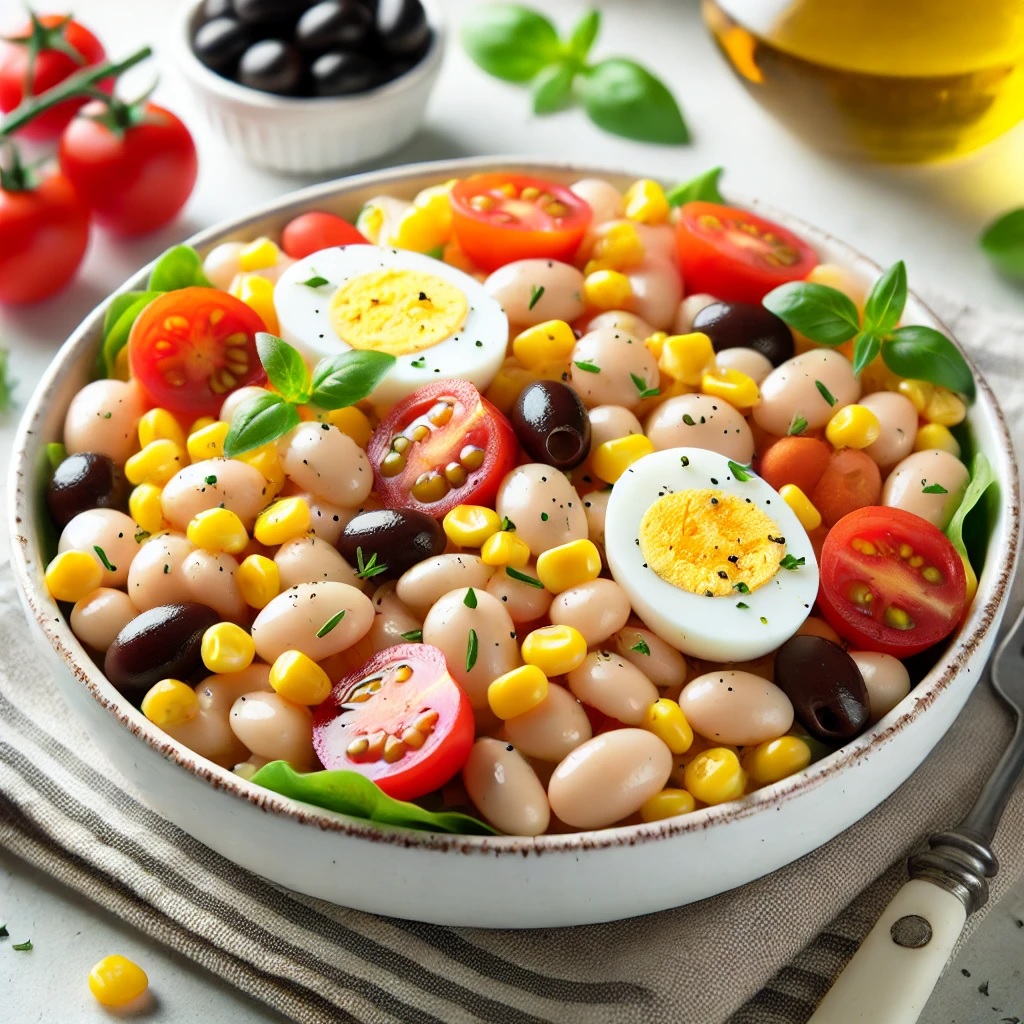 
Insalata di fagioli con mais, pomodori e uova
